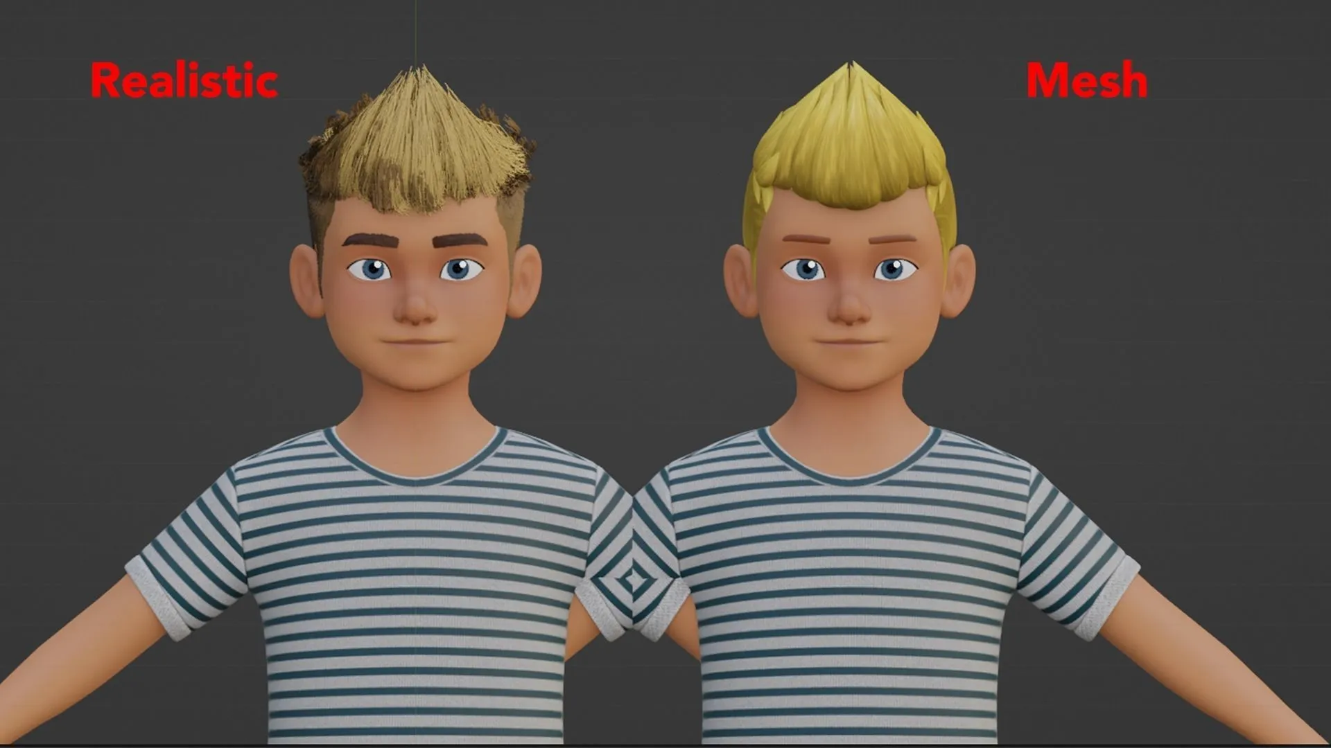 Hair options preview - Realistic hair vs mesh hair for Cartoon White Teen Boy
